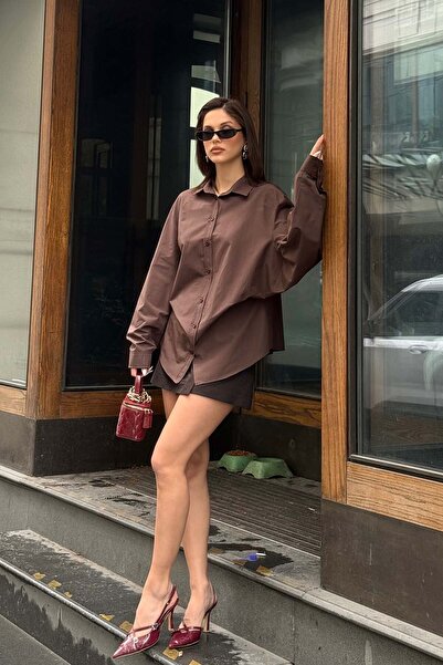 XXL BUTİK Women's Brown Oversize Shirt Long Sleeve Design Model Esr078