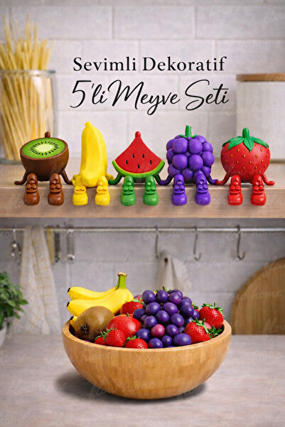Flow Home Sevimli 5’li Meyve Figürlü Dekoratif Biblo Seti – Masa Üstü Ev Deko...