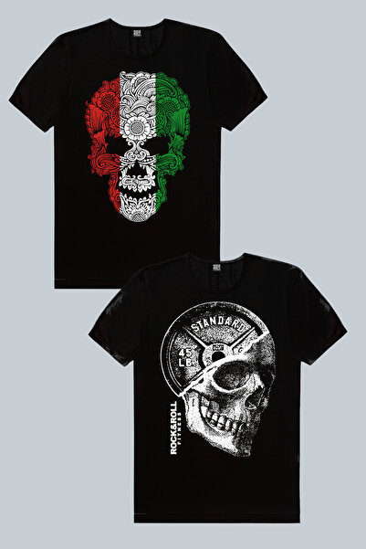 ROCKANDROLL Ιταλικό T-shirt με σχέδιο κρανίου, μαύρο ανδρικό μπλουζάκι 2 τεμα...