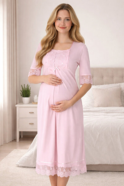 BLACKMORE Women's Pink Cotton Lace Detailed Short Sleeve Maternity Nightgown