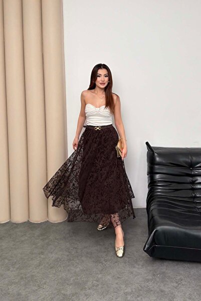 XXL BUTİK Γυναικεία μίντι φούστα από τούλι με καφέ επένδυση και ζώνη, κομψό σ...