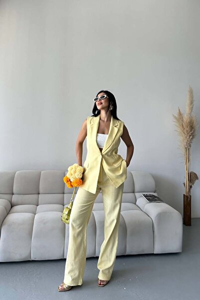 XXL BUTİK Γυναικείο κίτρινο λινό υφασμάτινο γιλέκο και παντελόνι σετ ESR086