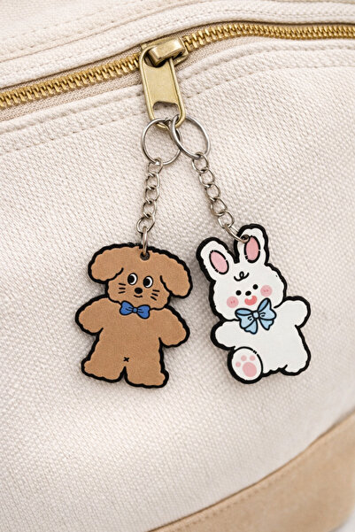 Luxmon Kawaii Bunny Bear Ξύλινο Διπλό Στολίδι Τσάντας Μπρελόκ 2 Τεμάχια