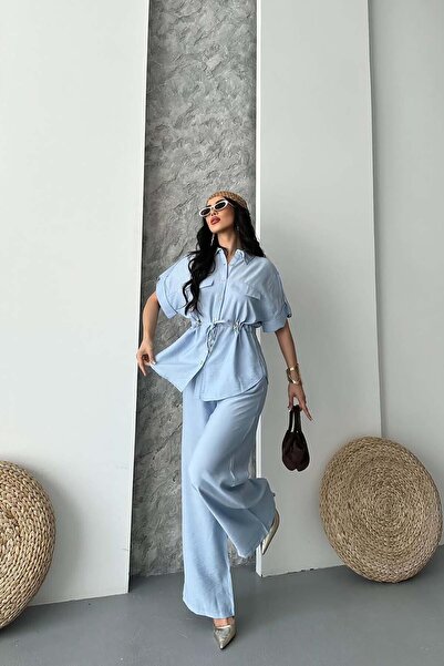 XXL BUTİK Women's Blue Linen Fabric Front Tie Suit Esr088