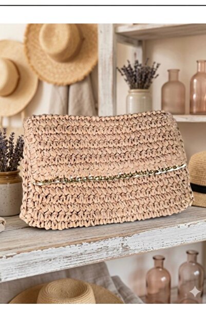 Desingadd Camel El Örgüsü Hasır Clutch Çanta