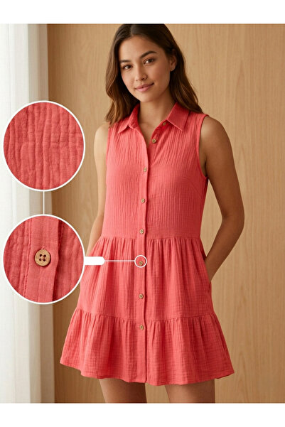 Ta-Fu Global Γυναικείο φόρεμα από μουσελίνα Ta-Fu με γιακά, αμάνικο, με κουμπ...