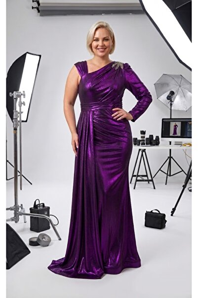 Donna Miranda Metalik Mor Tek Omuzlu, Draperli Büyük Beden Maxi Abiye Elbise
