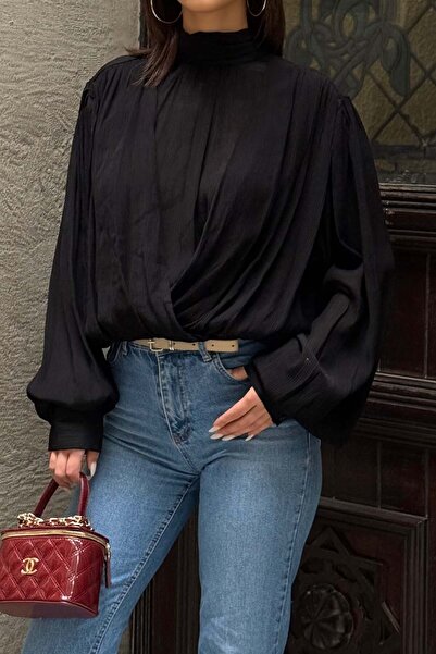 XXL BUTİK Γυναικεία Μαύρη Μπλούζα με Ντραπέ Λαιμόκοψη και Μακριά Μανίκια ESR077