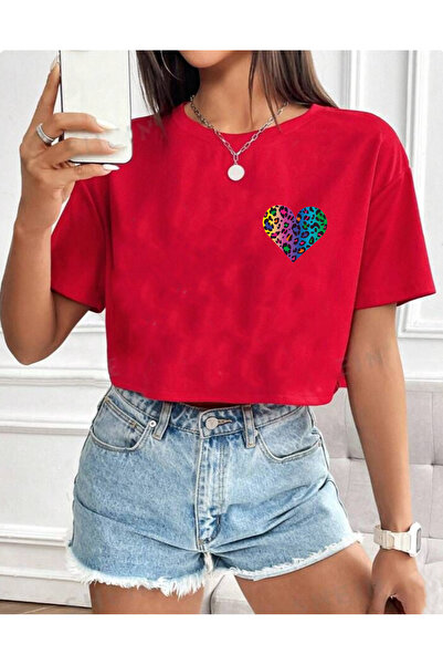 SUNFREE Leopard Colorful Heart Printed Loose Short Sleeve Crew Neck Women's C...