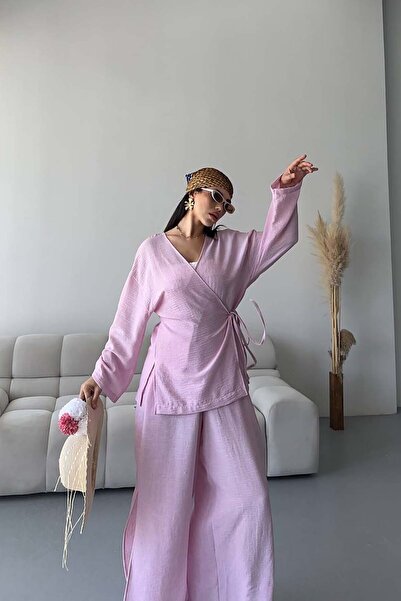 XXL BUTİK Γυναικείο Σετ από Ύφασμα Λινό Πούδρα με Δέσιμο στο Πλάι ESR087