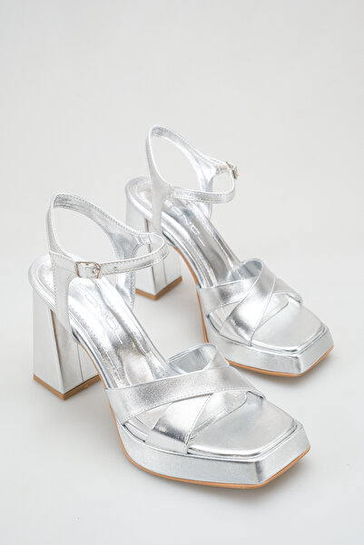 Rella Bridal Shoes Silver Platform Heels Ankle Strap Thick Heels Evening Dres...