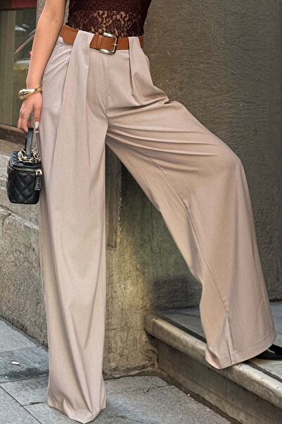 XXL BUTİK Γυναικείο Μπεζ Παντελόνι από Ύφασμα Πολυβισκόν με Φαρδιά Μπατζάκια ...
