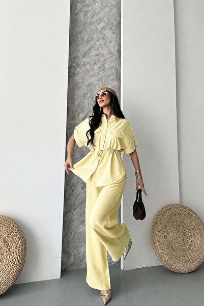 XXL BUTİK Γυναικείο κίτρινο λινό υφασμάτινο κοστούμι με δέσιμο μπροστά ESR088