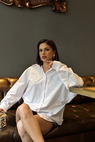 XXL BUTİK Women's Ecru Oversize Shirt Long Sleeve Design Model Esr078