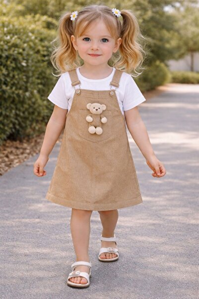 Kuzucuk Kids Bebek Çocuk Butik Kız Çocuk Askılı Elbise Ayıcık Detaylı Bej Sal...