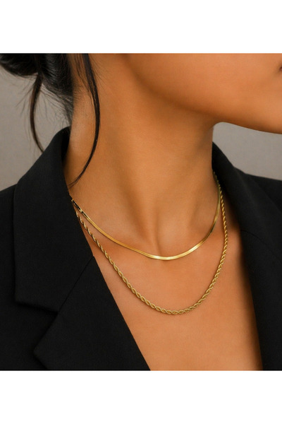 AltıntaşAksesuar Women's Necklace - Double Gold Chain Steel Necklace