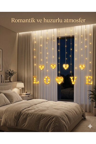 markentegra 3 Metre Perde Led Işık - 8 Modlu Kalp ve LOVE Figürlü Dekoratif A...