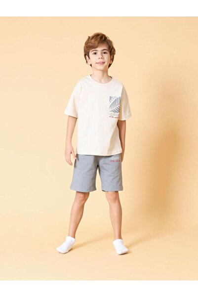 Baby Erkek Çocuk Tshirt Şort Takım Kısa Kol %100 Pamuklu Cepli Gri Yaprak Baskı