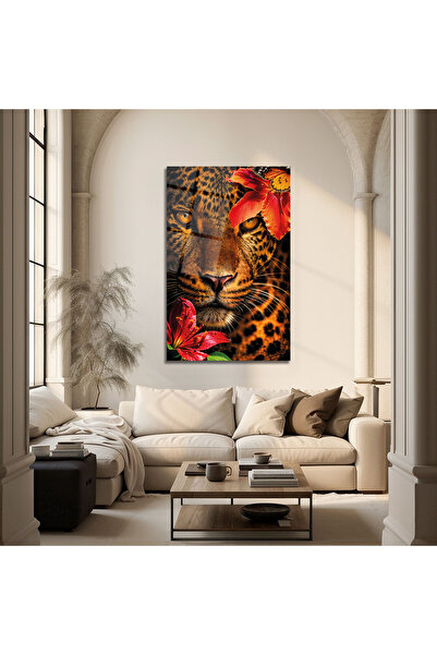 Altat Home Leopar Figürlü Cam Tablo Kırmızı Çiçek Detaylı Modern Duvar Dekoru