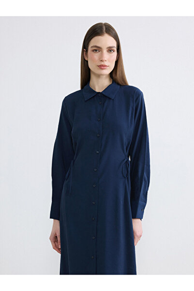 LC Waikiki Lcw Modest Navy Blue Modal Blended Shirt Dress with Nevavm Differe...