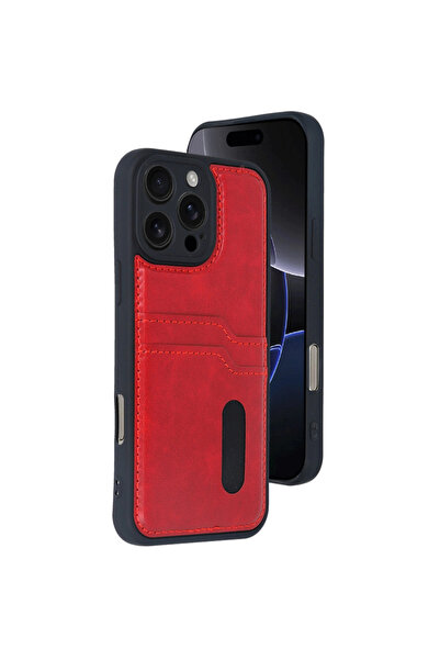 NewFace iPhone 16 Pro Max Case Sara Leather Case with Business Card - Red