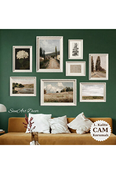 Sanart Yağlı Boya Tablo Seti, CAMLI Vintage Tablo, 8 Parça Çerçeveli Tablo, S...
