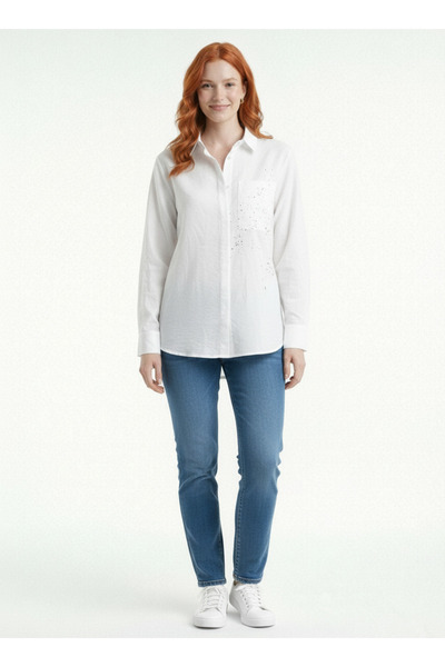 Neden Tekstil Women's White Long Sleeve Shirt with Printed Back Detail