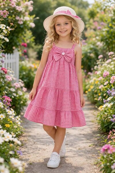 Kuzucuk Kids Bebek Çocuk Butik Kız Çocuk Pembe Pötikare Şapka Dahil Elbise -A...