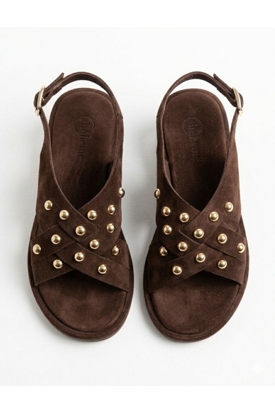 ELEVAM Γυναικεία πέδιλα σε καφέ καστόρι με χιαστί λουράκια και χρυσή λεπτομέρ...