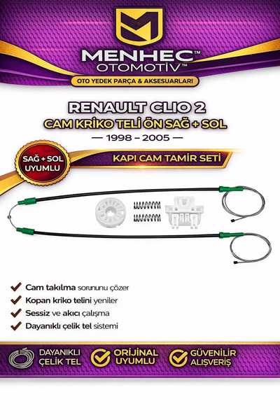 Menhec Otomotiv Renault Clio 2 Cam Kriko Teli Ön Sağ + Sol (1998-2005) – Kapı...