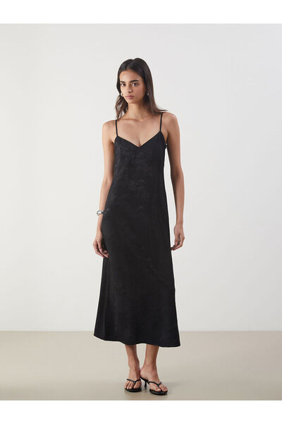 LC Waikiki Nevavm V-Neck Floral Satin Strap Dress with a Difference