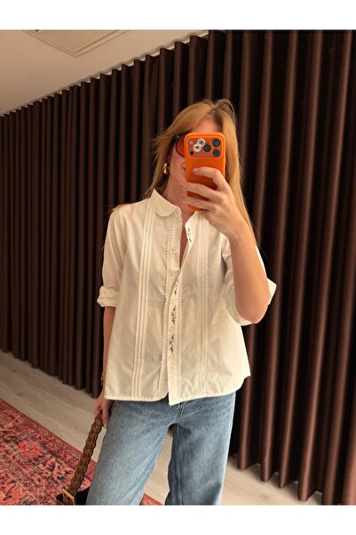 Lavanta Tekstil Λευκό πουκάμισο με λεπτομέρειες σε σχήμα φύλλου και κέντημα λ...