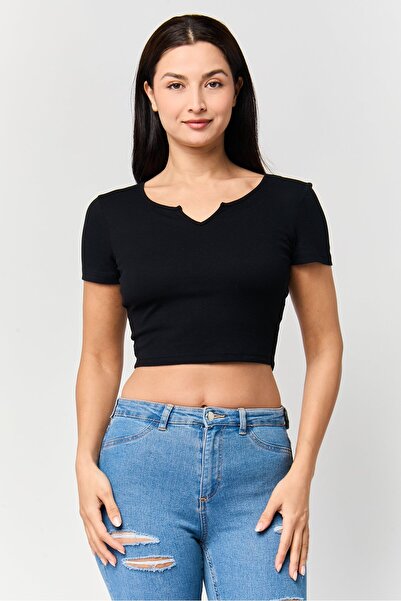 Don't Call Me Jennyfer Women V Neck Short Sleeve Textured Top, Black