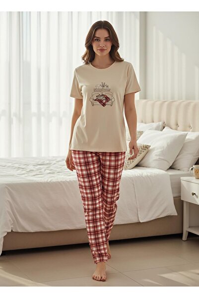 Mihra Γυναικείο σετ πιτζάμες από βαμβακερό χτενισμένο ύφασμα με κοντό μανίκι ...