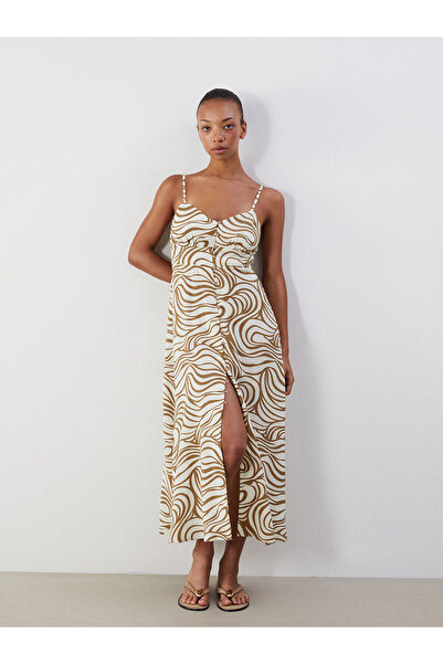 LC Waikiki Nevavm with a Difference Lcw Vision Khaki V-Neck Patterned Rope St...