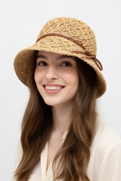 Mollycrush Women's Camel Faux Leather Detailed Handmade Straw Bucket |   Summer Vacation and Beach Hat