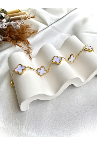 stainless steell Beyaz Clover Gold Çerçeve Yonca Model Çelik Bileklik