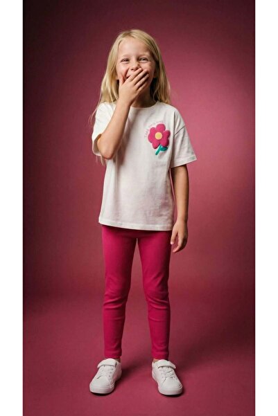 Mother Choise 100% Cotton Girls' Set with Pink Flowers on White T-Shirt and P...