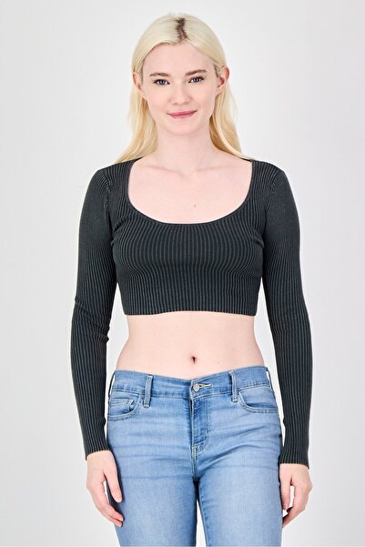 Don't Call Me Jennyfer Women Scoop Neck Long Sleeve Ribbed Top, Dark Grey