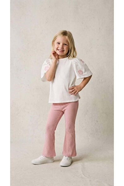 Mother Choise Kolu Pink Flowered Ruffled White T-Shirt and Pink Wide-Let Tigh...