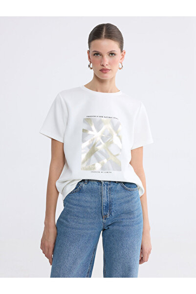 LC Waikiki Nevavm Farkıyla Lcw Everyday Ecru Oval Neck Printed Women's T-Shir...