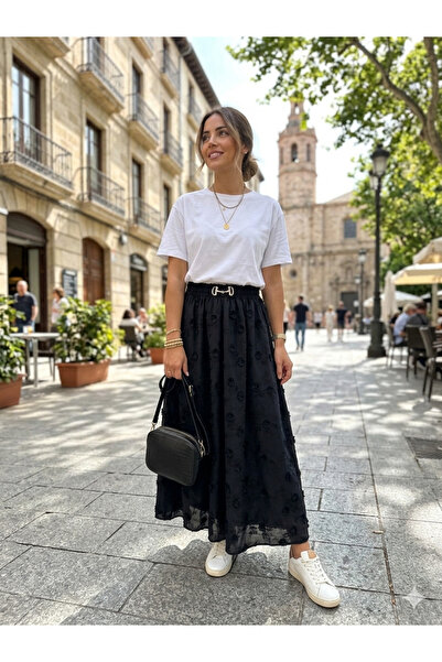 MODA S&S BZLİNE 3D Flower Embossed Lined Black Long Skirt