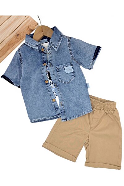 voyyo kids baby قميص جينز للأولاد الصغار مع شورت كتان للأعمار 6-9-12-18-24 شه...