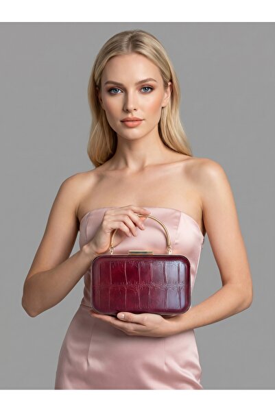 Wedding Fashion Burgundy Color Gold Detailed Thick Crocodile Patterned Women'...