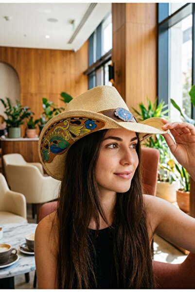 LAGRANZE Ψάθινο καπέλο Western COWBOY με δερμάτινο λουράκι & μοτίβο στην εσωτ...