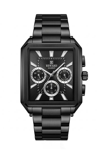 Reward Men's Black Square Case Black Dial Metal Band Multi-Function Wristwatc...