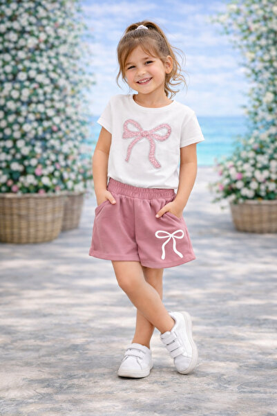 kahkaha kids Κοριτσίστικο Σετ Σορτς με Πέτρινο Φιόγκο και Στάμπα – Καλοκαιριν...