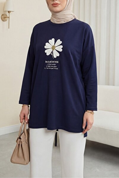 Modamorfo Floral Embroidered Crew Neck Combed Cotton Tunic - Navy Blue