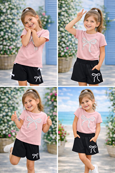 kahkaha kids Κοριτσίστικο Σετ Σορτς με Πέτρινο Φιόγκο και Στάμπα – Καλοκαιριν...