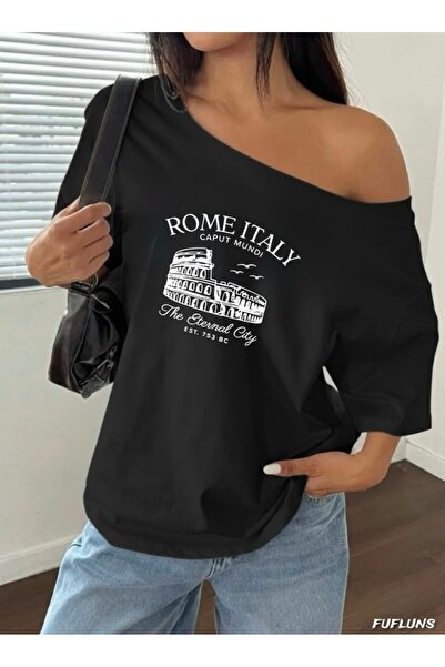FUFLUNS ROMA ITALIA TRICOU DE DAMĂ SUPRADimensionat CU IMPRIMEU ȘI GULER ROTUND